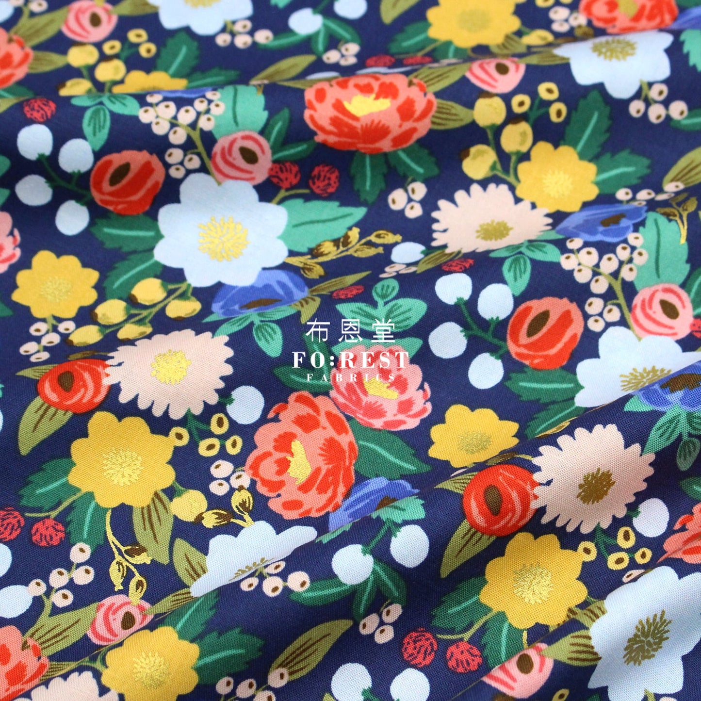 Cotton - Vintage Blossom Navy Metallic Fabric