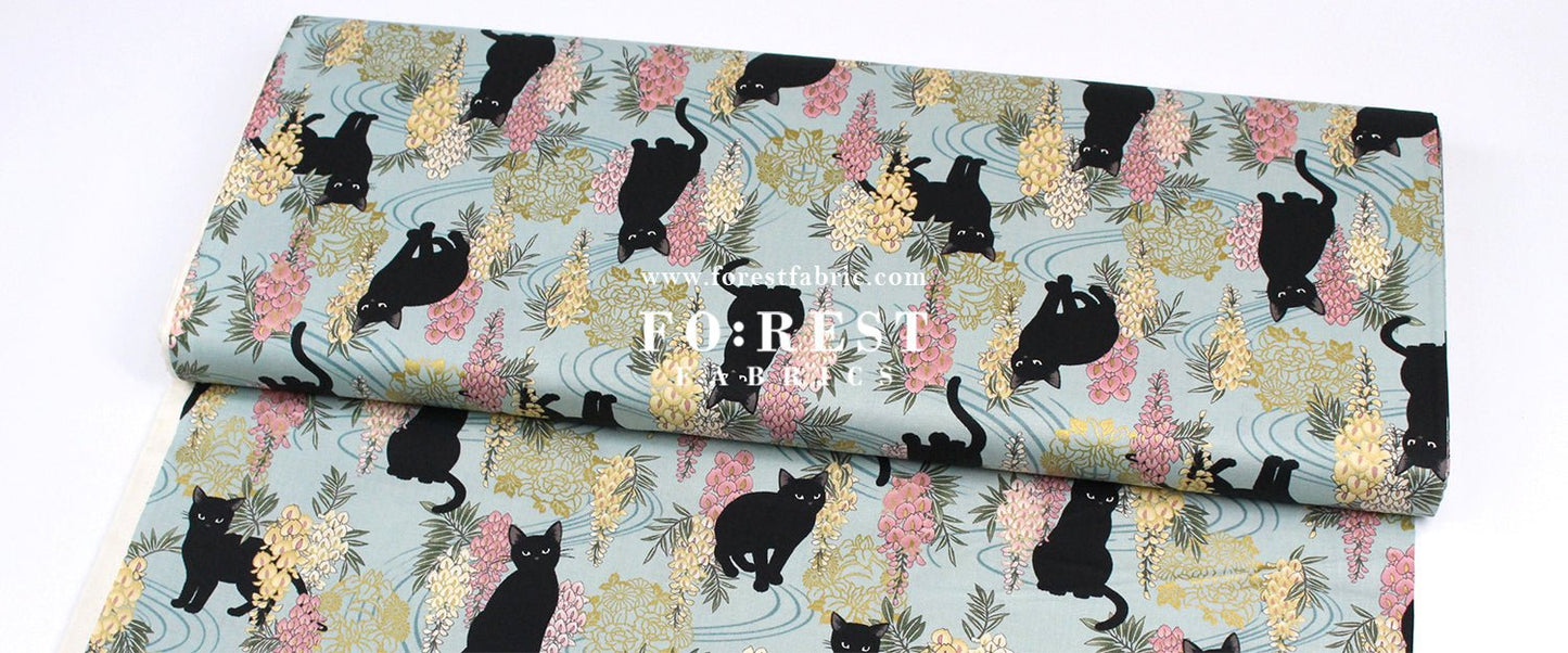 cotton - Wisteria flower cat S size fabric Mint - FO:REST Fabric 布恩堂Liberty fabrictana lawnjapanese fabricykk zipper