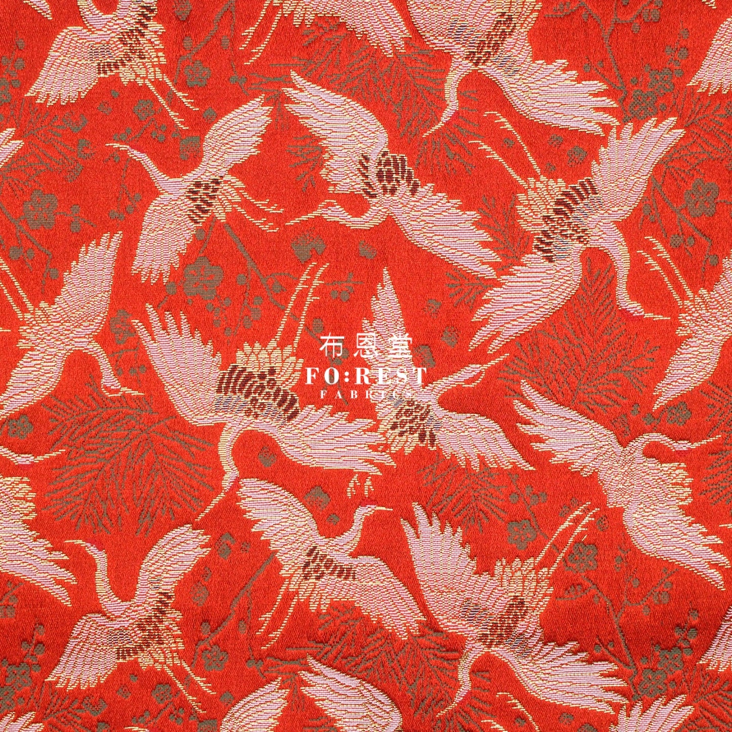Gold Brocade - Crane Pine Fabric Red Polyester