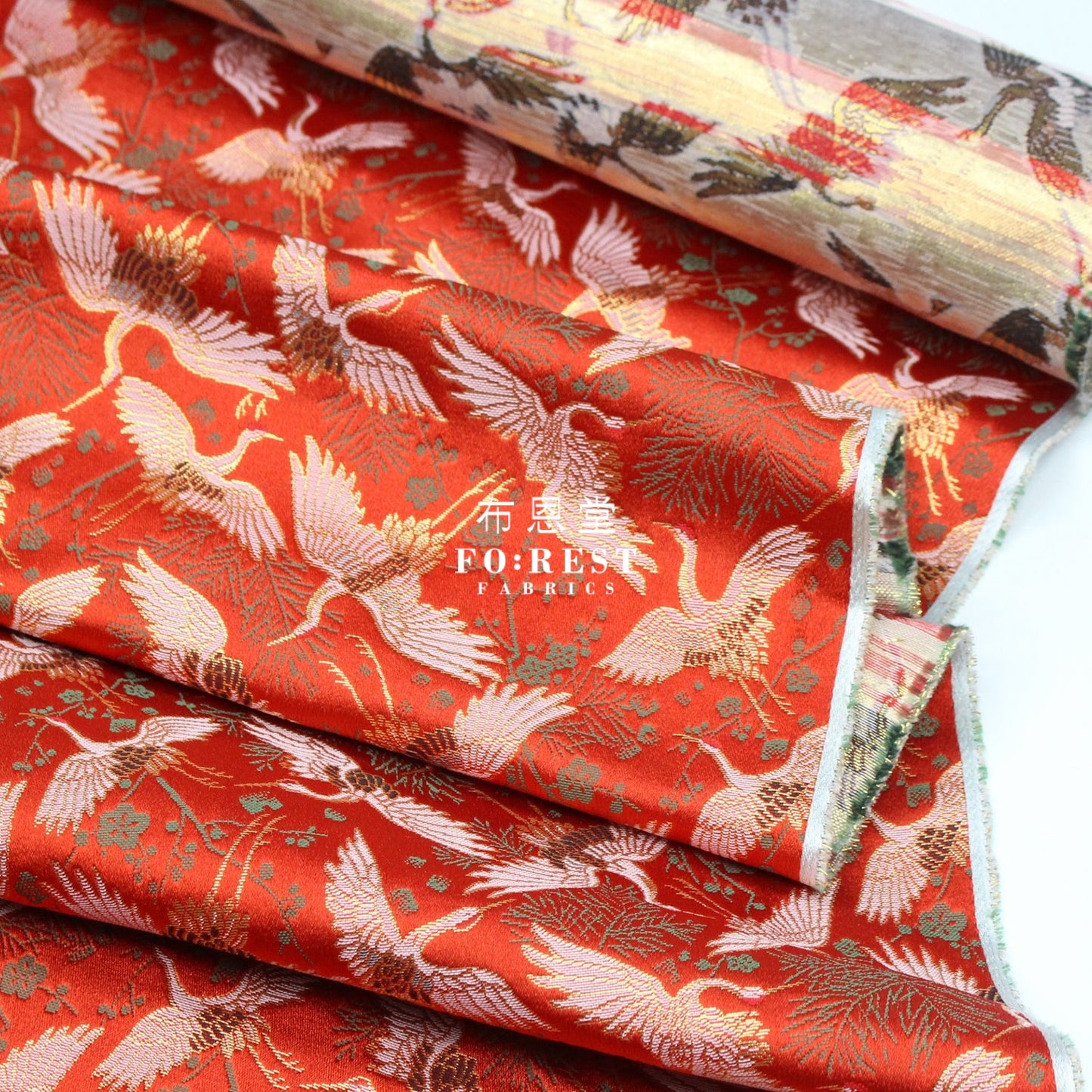 Gold Brocade - Crane Pine Fabric Red Polyester