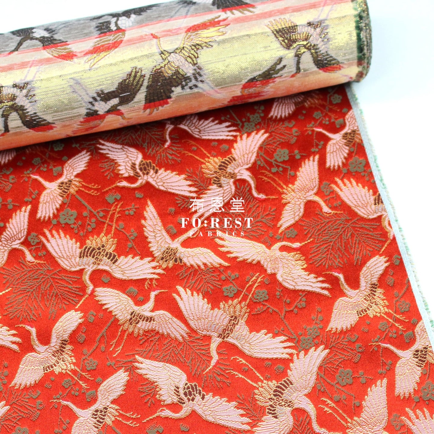 Gold Brocade - Crane Pine Fabric Red Polyester