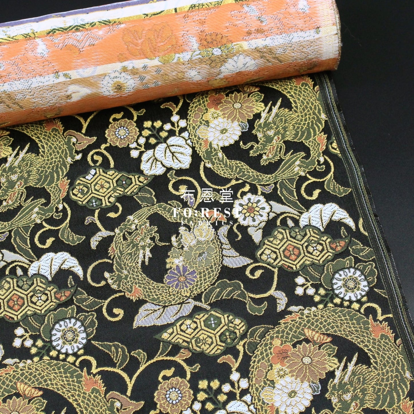 Gold Brocade - Dragon Flower Fabric Black Polyester