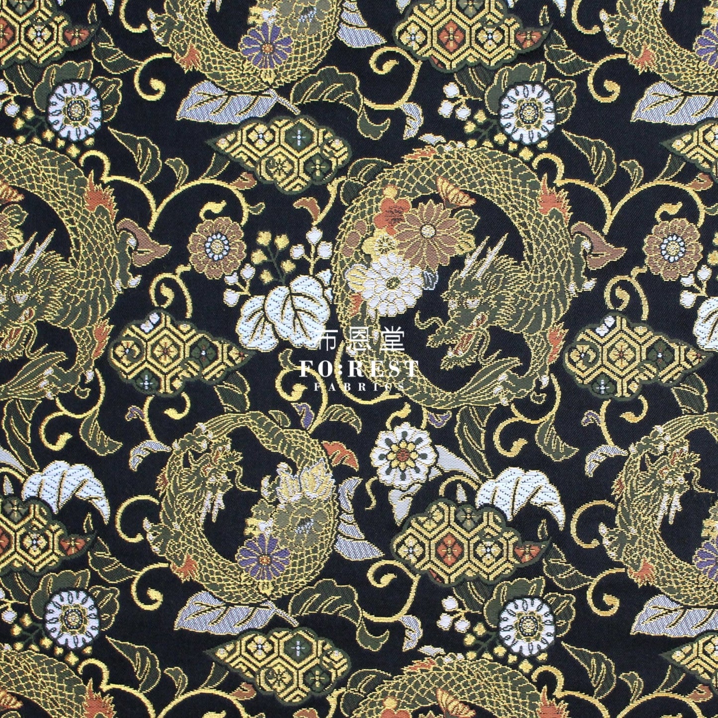 Gold Brocade - Dragon Flower Fabric Black Polyester