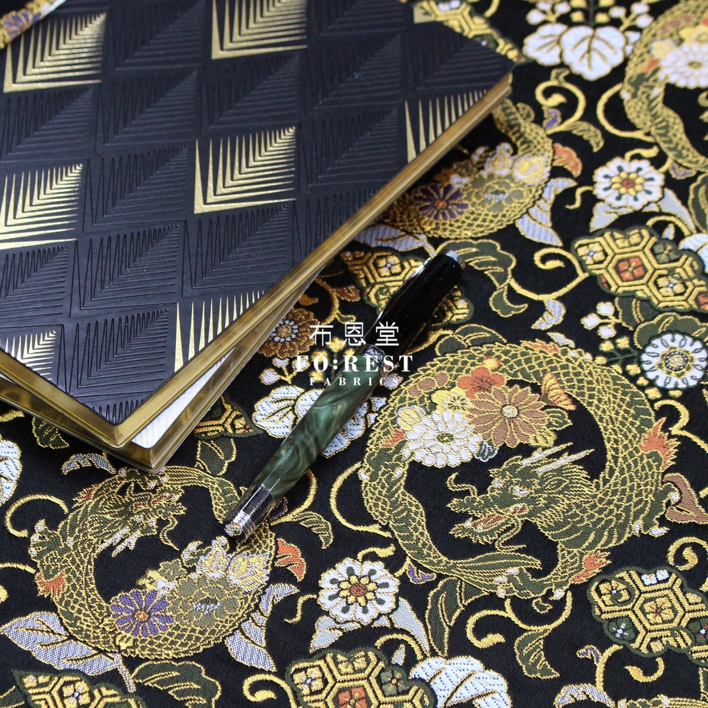 Gold Brocade - Dragon Flower Fabric Black Polyester