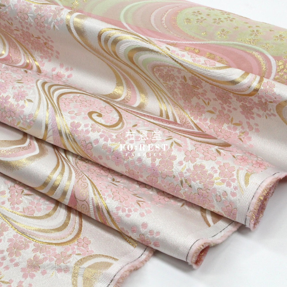 Gold Brocade - Flower River White Fabric Polyester
