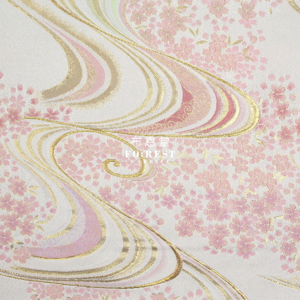 Gold Brocade - Flower River White Fabric Polyester