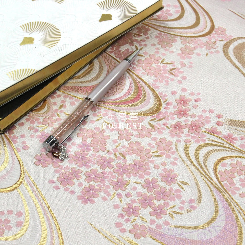 Gold Brocade - Flower River White Fabric Polyester