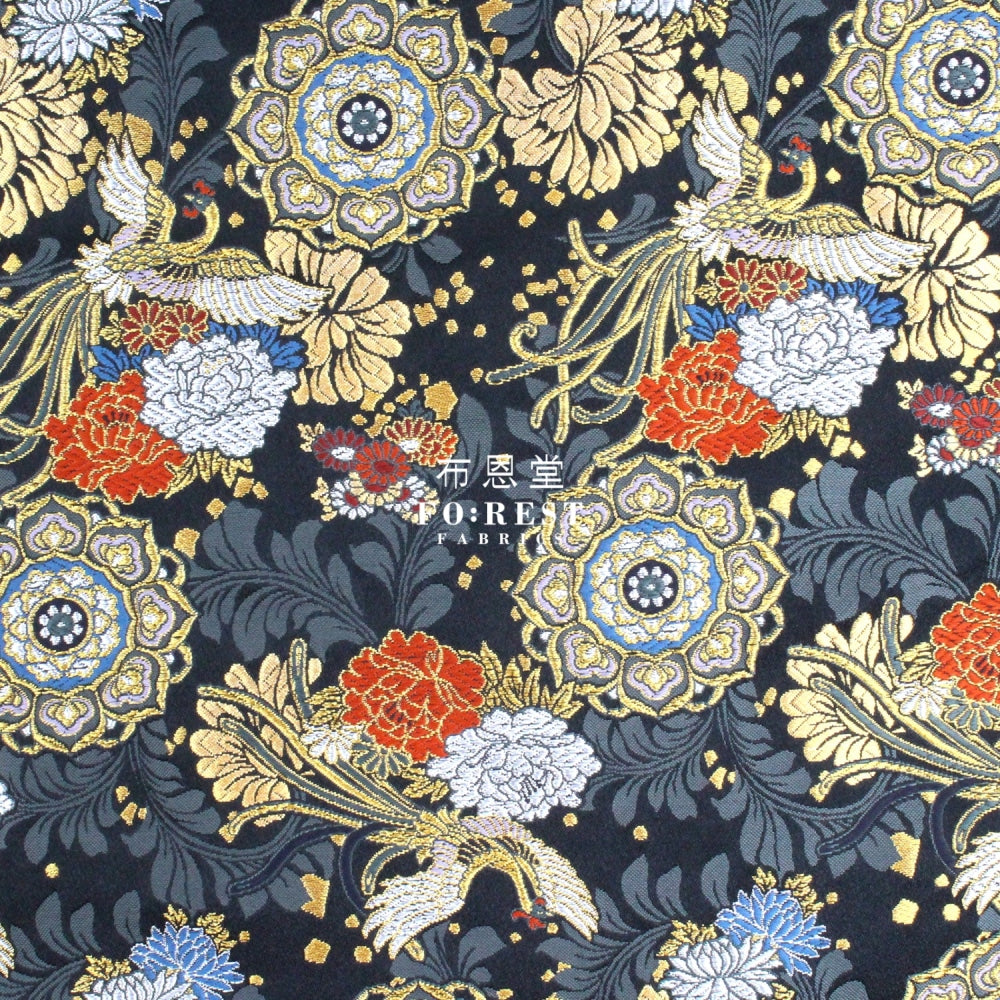 Gold Brocade - Phoenix Peony Fabric Black Polyester