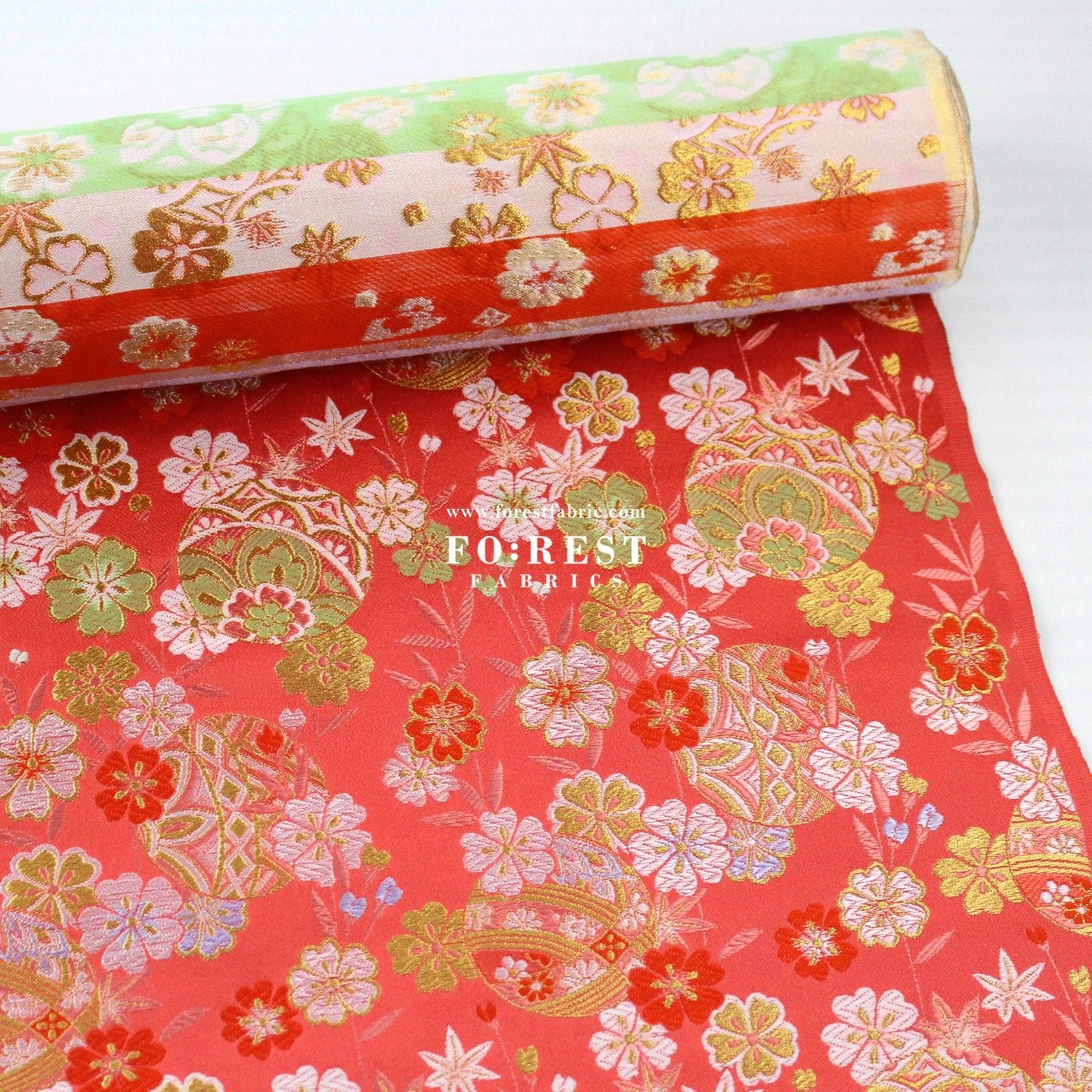 Gold Brocade - Sakura ball flower fabric LightRed - FO:REST Fabric 布恩堂Liberty fabrictana lawnjapanese fabricykk zipper