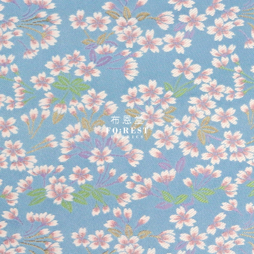 Gold Brocade - Sakura Bud Fabric Blue Polyester