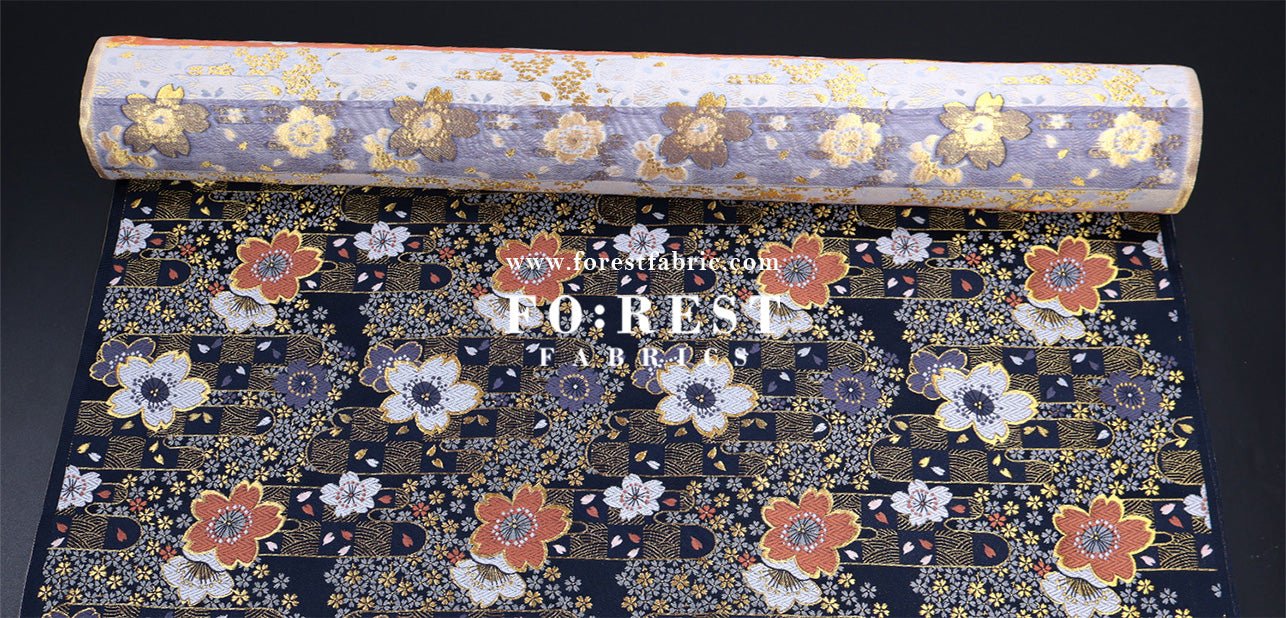 Gold Brocade - Sakura Flower fabric Navy - FO:REST Fabric 布恩堂Liberty fabrictana lawnjapanese fabricykk zipper