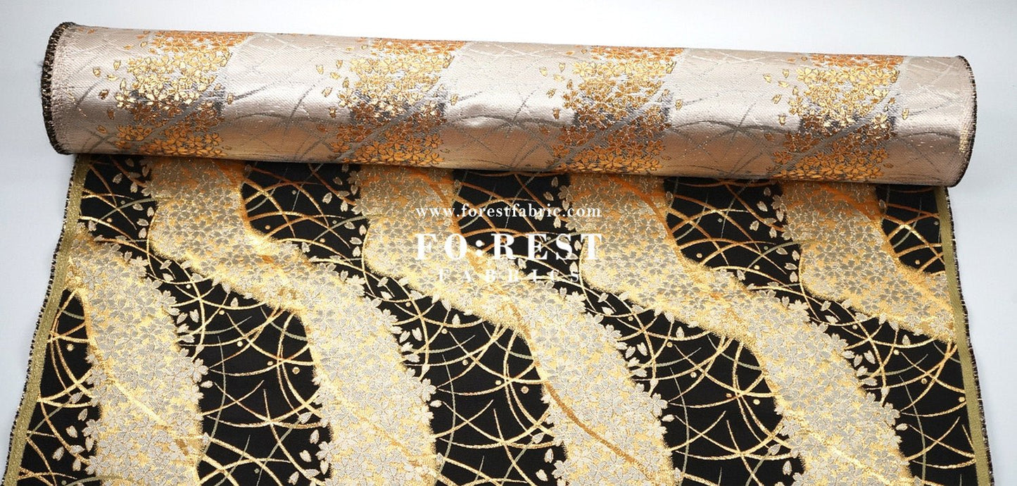 Gold Brocade - Sakura River Flower fabric Black - FO:REST Fabric 布恩堂Liberty fabrictana lawnjapanese fabricykk zipper