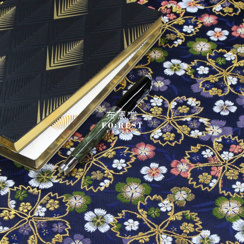 Gold Brocade - Shiny Sakura Fabric Navy Polyester