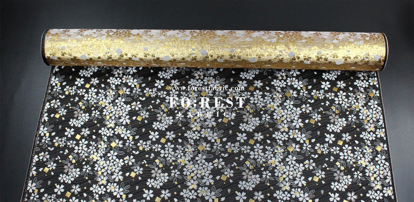 Gold Brocade - Square Sakura River fabric Black - FO:REST Fabric 布恩堂Liberty fabrictana lawnjapanese fabricykk zipper