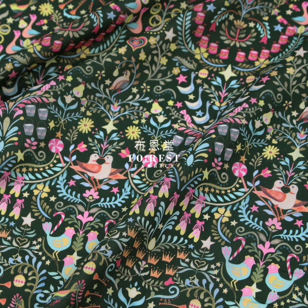 Liberty Of London (Cotton Tana Lawn Fabric) - 12 Days Christmas Green Cotton