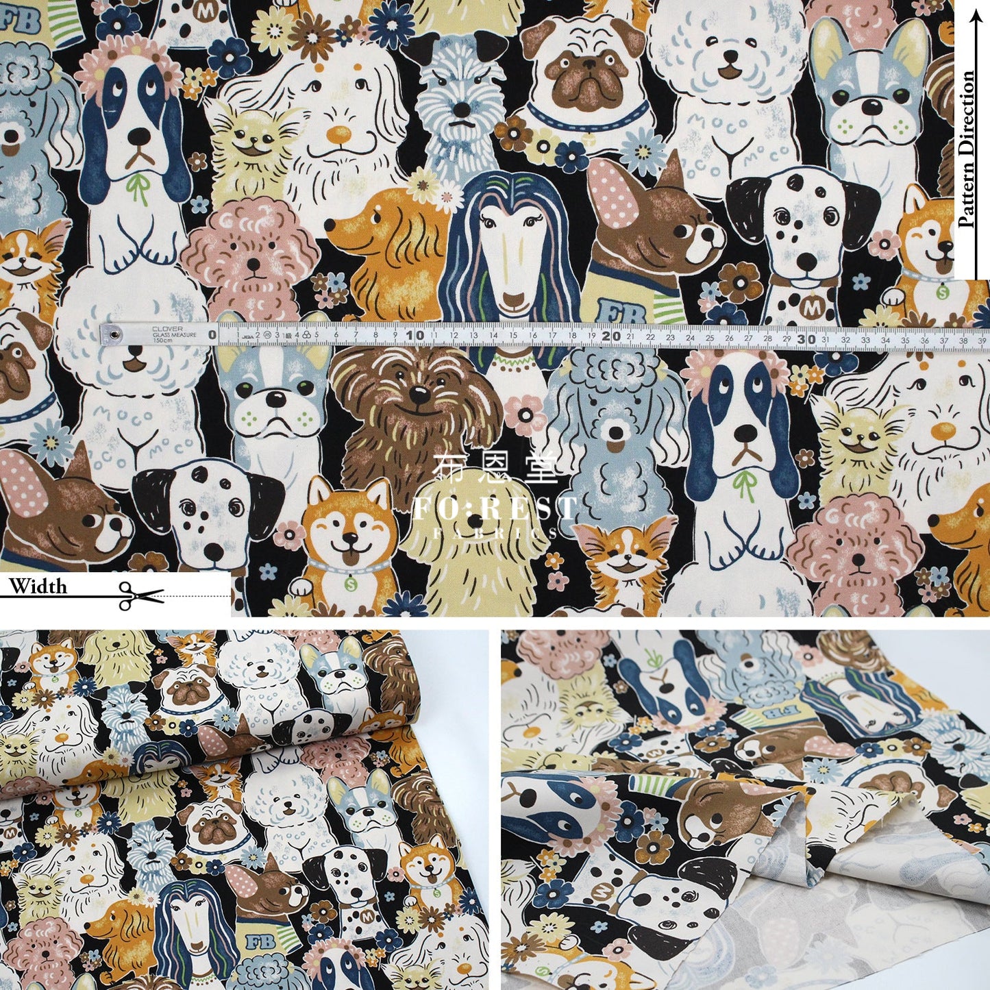 Oxford - Powerful Animal Dogs Fabric Black