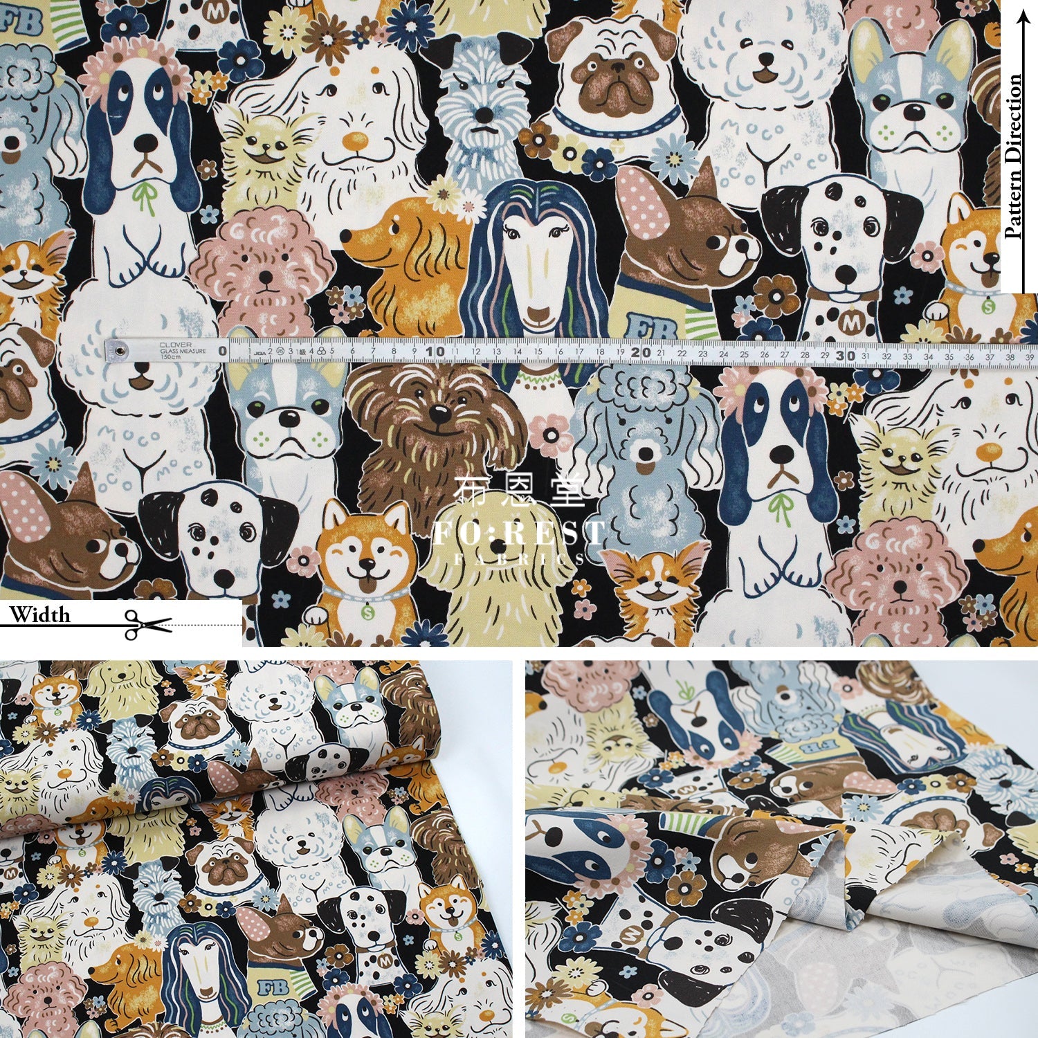 Oxford - Powerful Animal Dogs Fabric Black