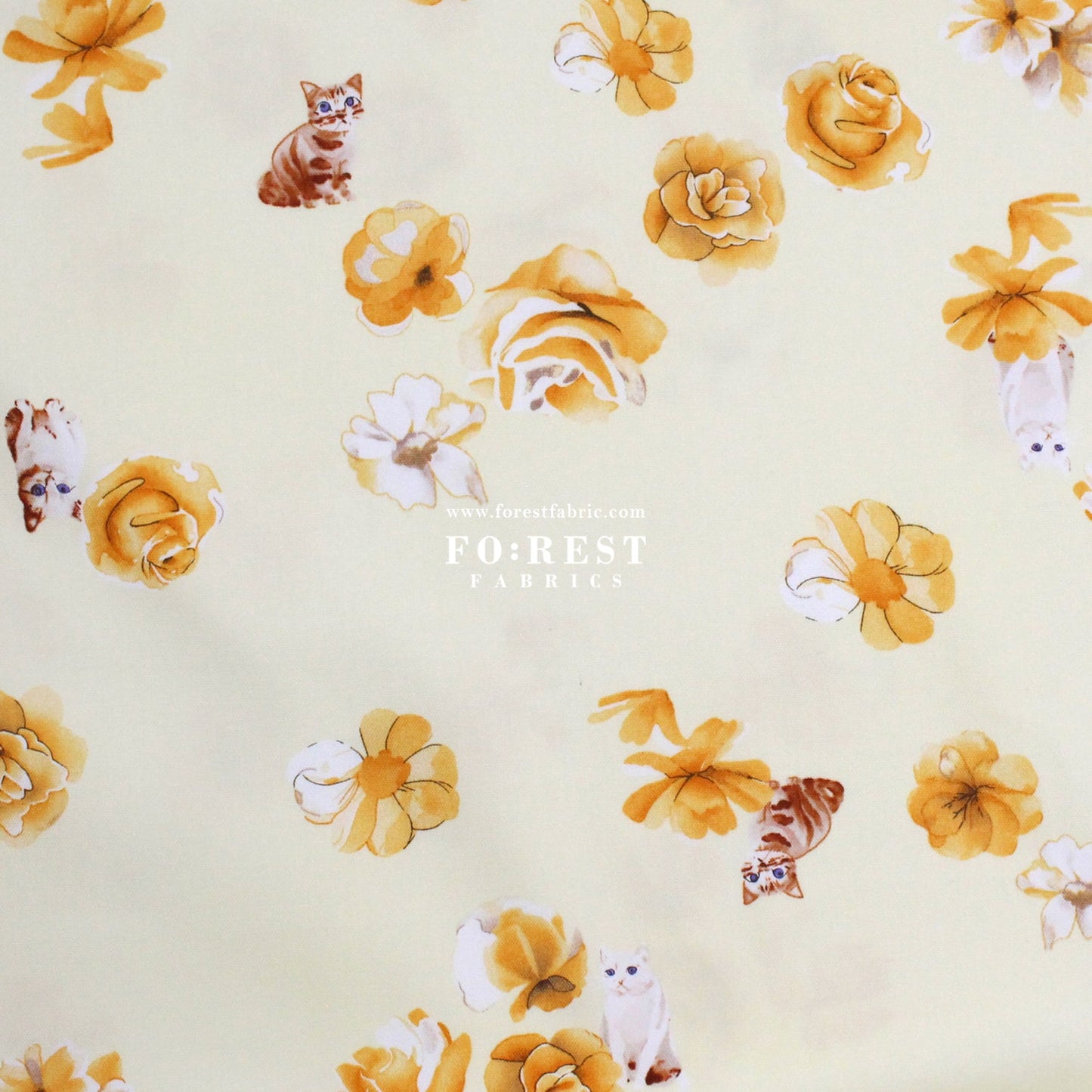 oxford - Rose Cats fabric Light Yellow - FO:REST Fabric 布恩堂Liberty fabrictana lawnjapanese fabricykk zipper