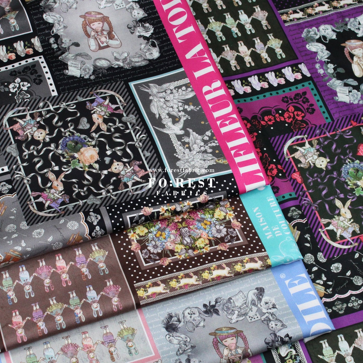 Satin Super Cotton - JoliFleur Itoi patchwork fabric BlackPurple - FO:REST Fabric 布恩堂Liberty fabrictana lawnjapanese fabricykk zipper