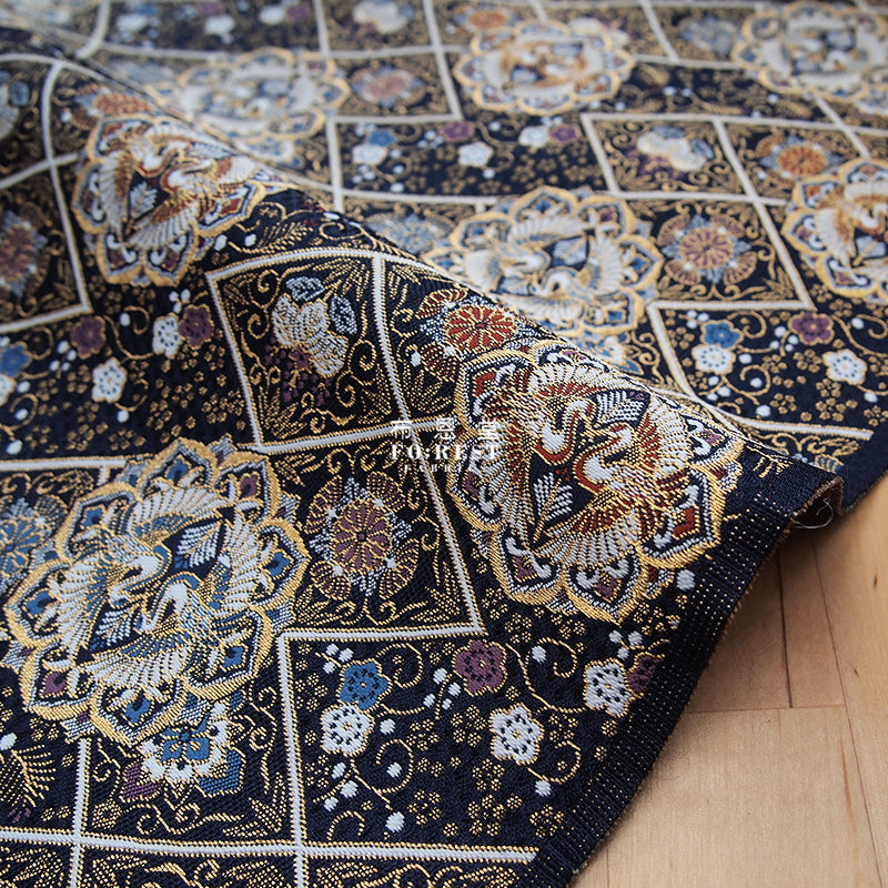 Gold Brocade - 曉鶴 crane KINRAN fabric black - forestfabric 布恩堂