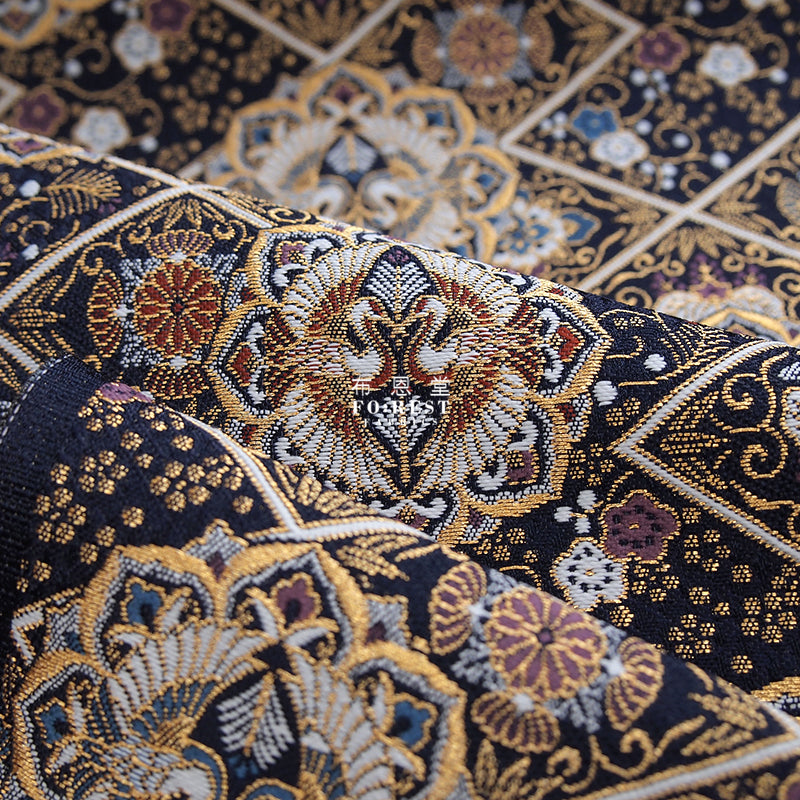 Gold Brocade - 曉鶴 crane KINRAN fabric black - forestfabric 布恩堂