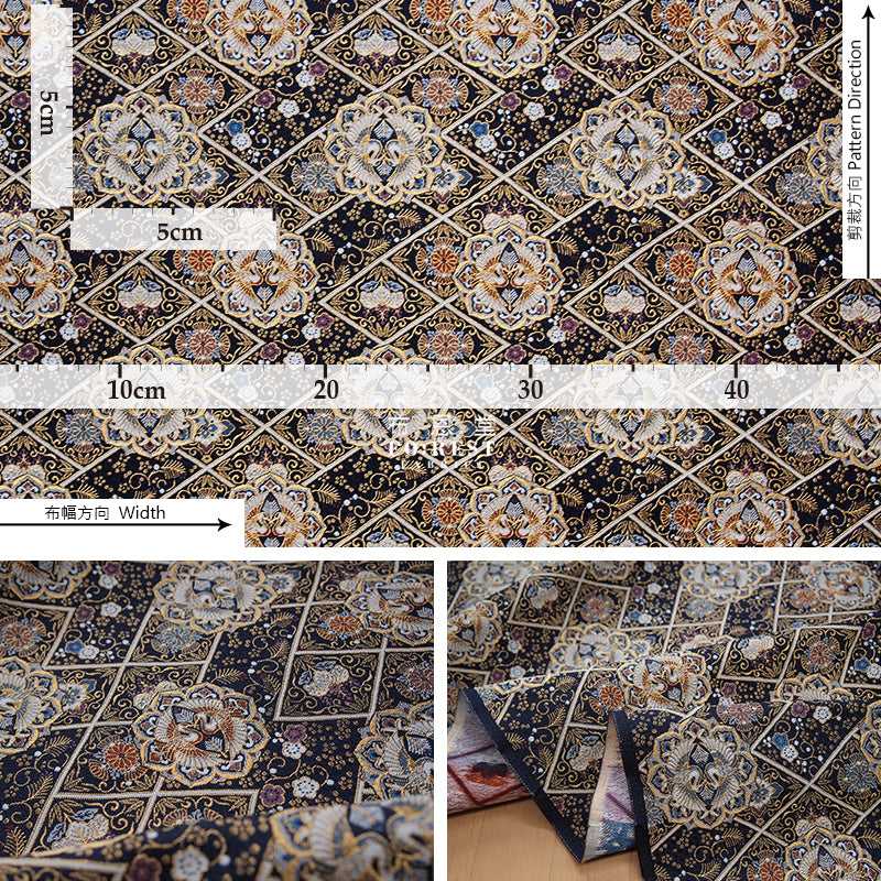 Gold Brocade - 曉鶴 crane KINRAN fabric black - forestfabric 布恩堂