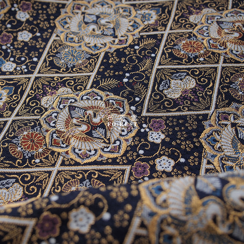 Gold Brocade - 曉鶴 crane KINRAN fabric black - forestfabric 布恩堂