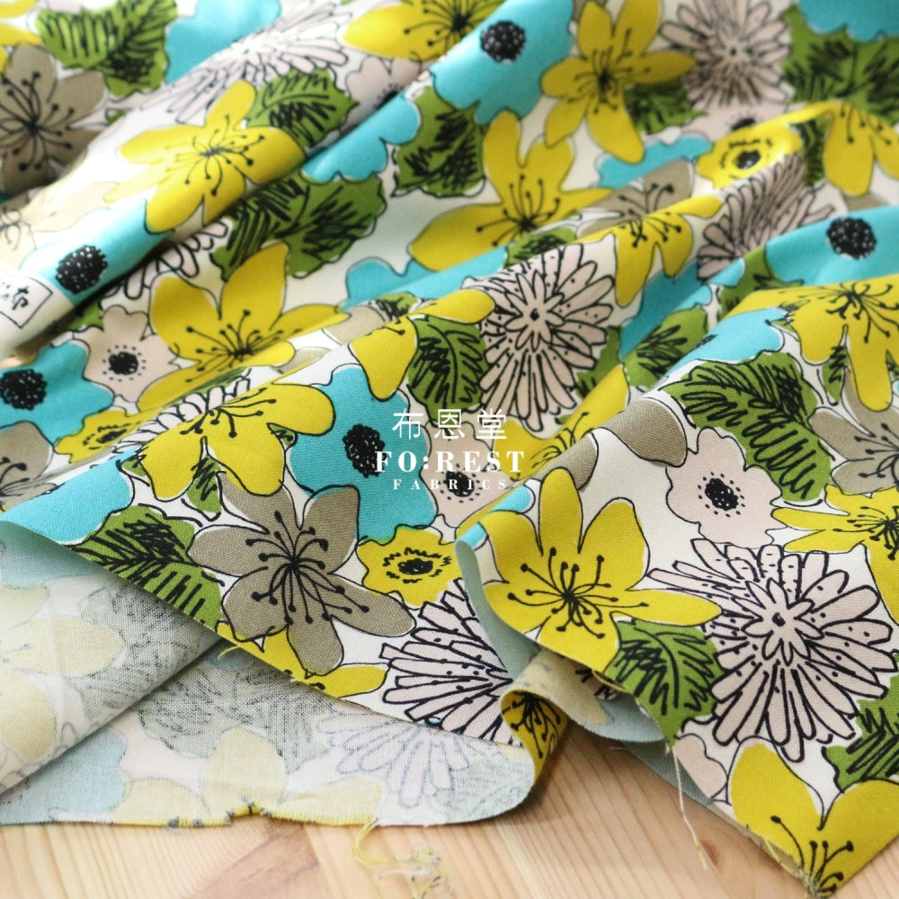 Canvas - Hana Flower Fabric Green Cotton Linen Canvas