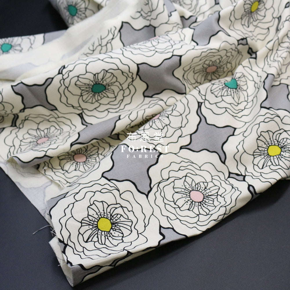 Canvas - Peony Flower Fabric Gray Cotton Linen Canvas