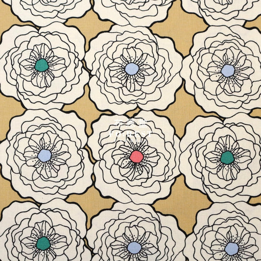 Canvas - Peony Flower Fabric Khaki Cotton Linen Canvas