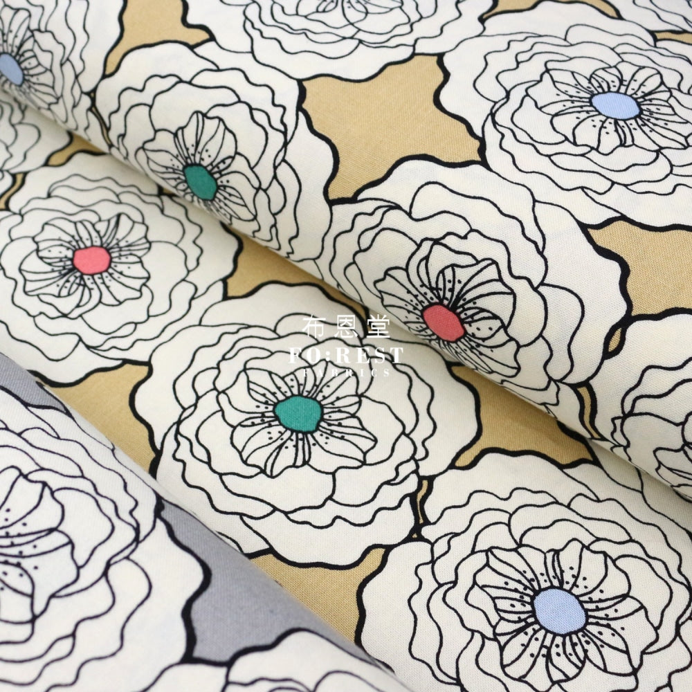 Canvas - Peony Flower Fabric Khaki Cotton Linen Canvas