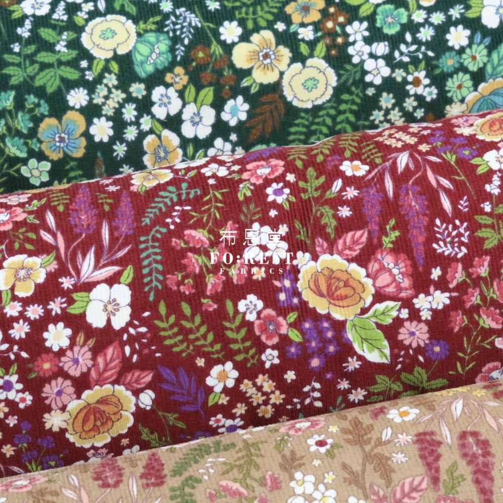 Corduroy - Flower Fabric Green 100%Brushed Cotton