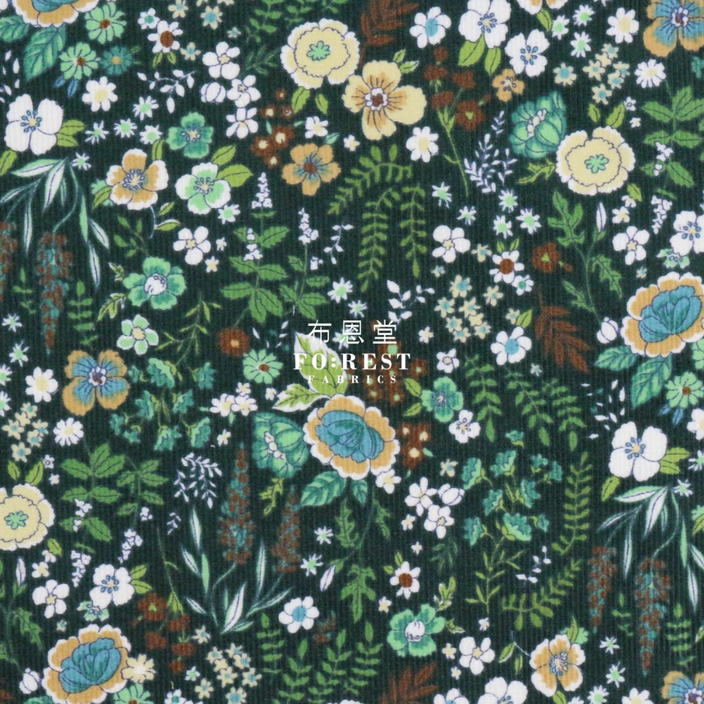 Corduroy - Flower Fabric Green 100%Brushed Cotton