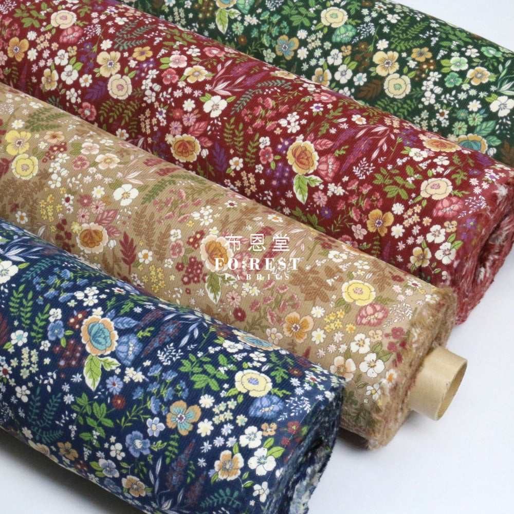 Corduroy - Flower Fabric Green 100%Brushed Cotton