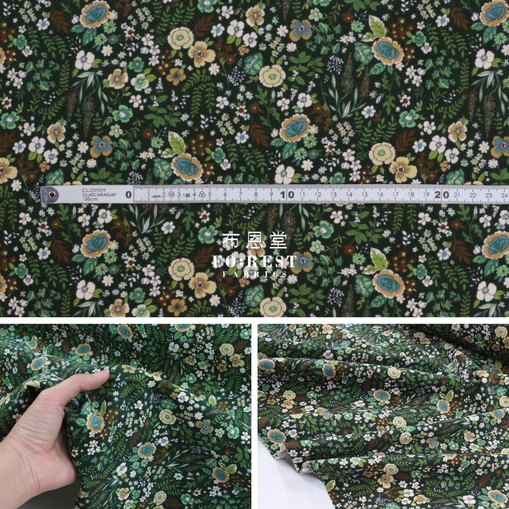 Corduroy - Flower Fabric Green 100%Brushed Cotton