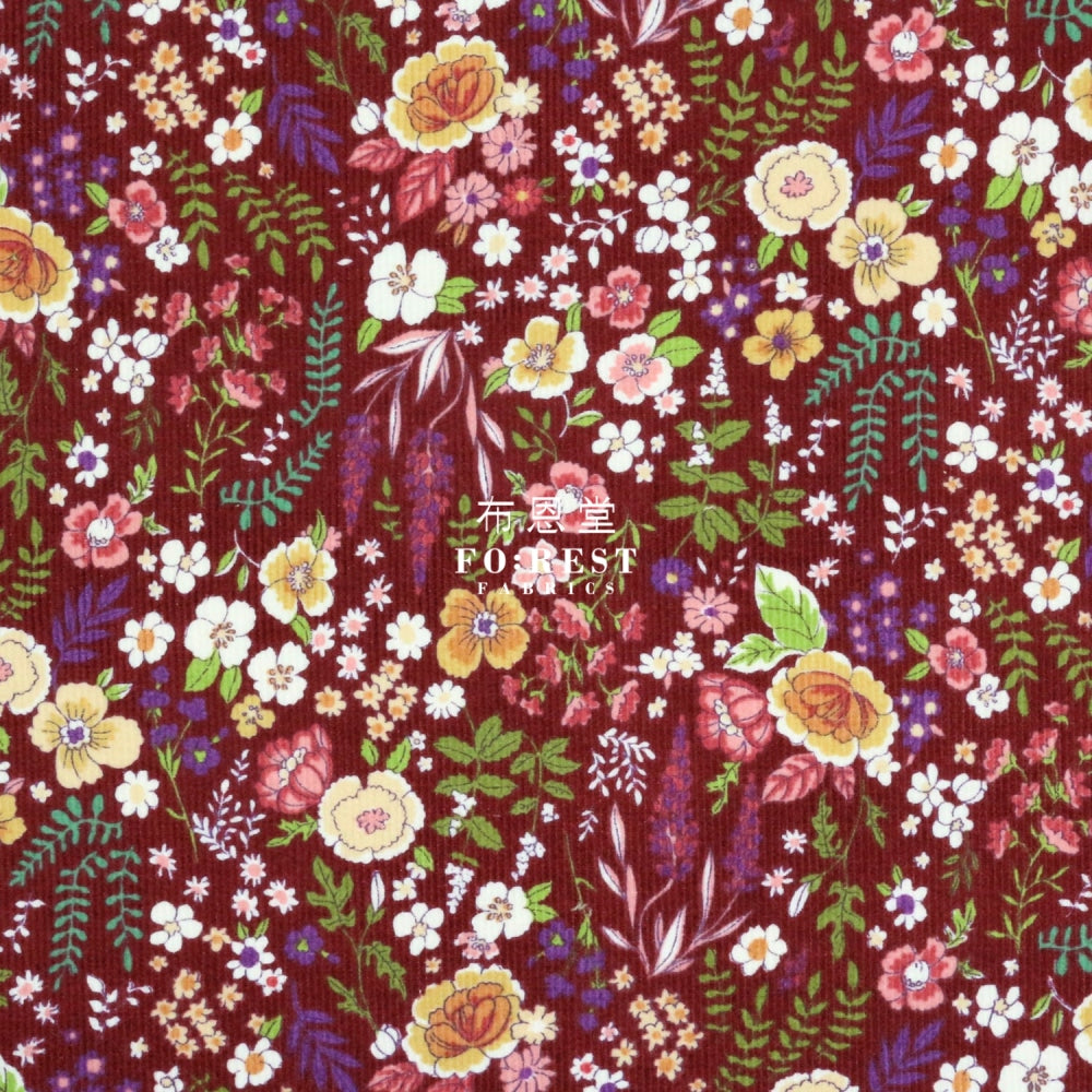 Corduroy - Flower Fabric Wine 100%Brushed Cotton