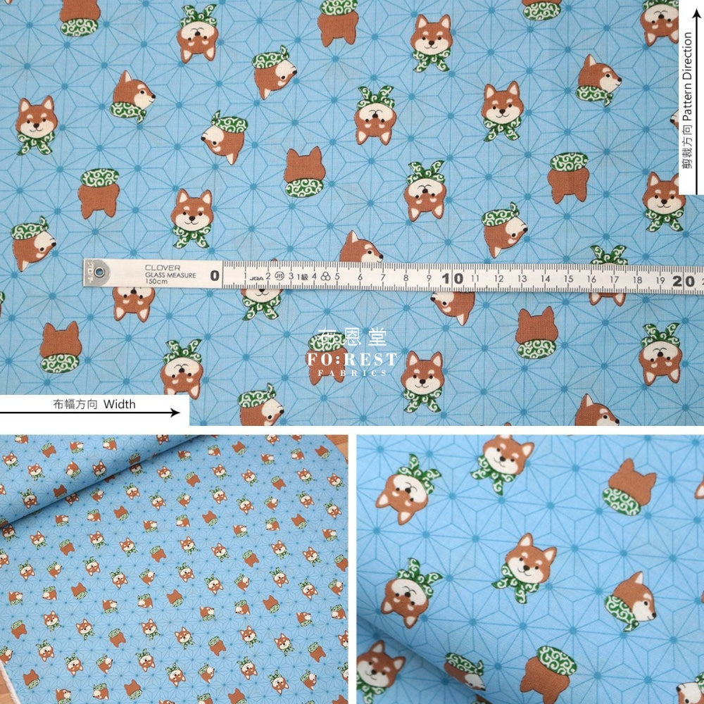 Cotton - Asanoha Shiba Inu Fabric Lt.blue