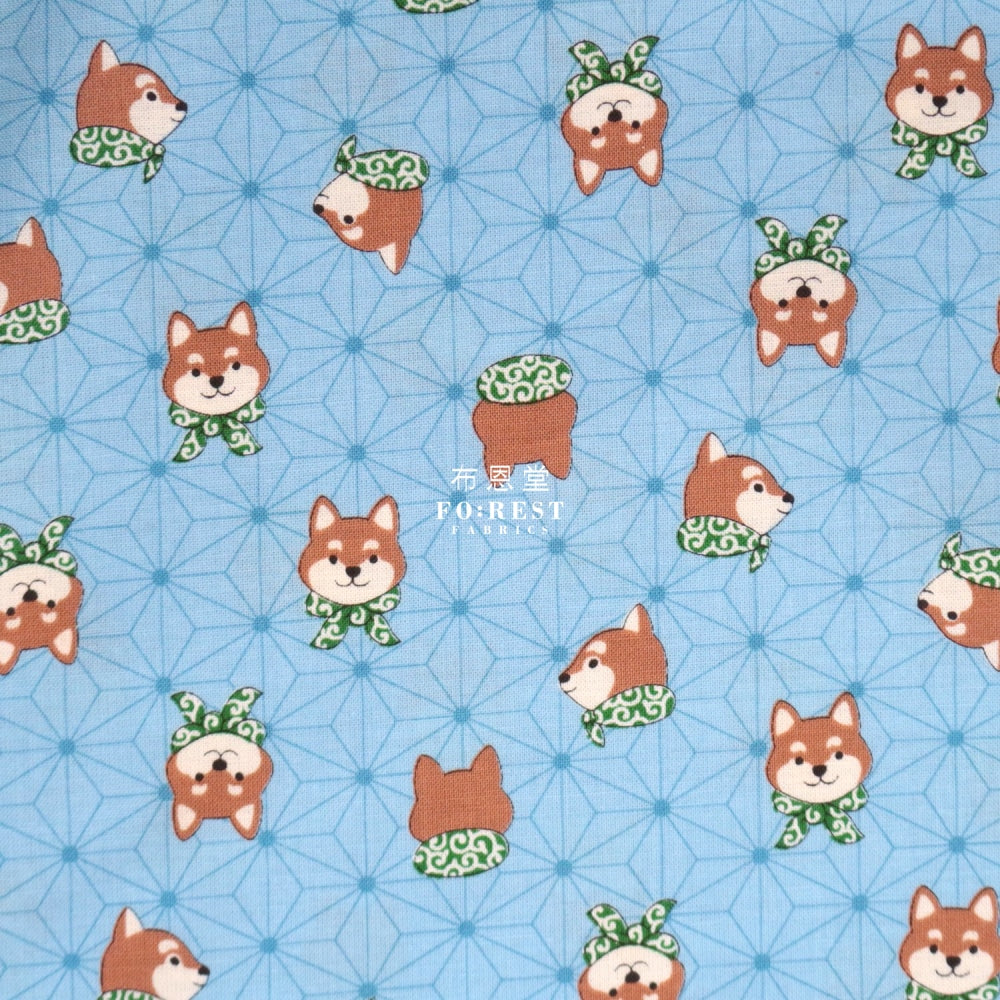 Cotton - Asanoha Shiba Inu Fabric Lt.blue