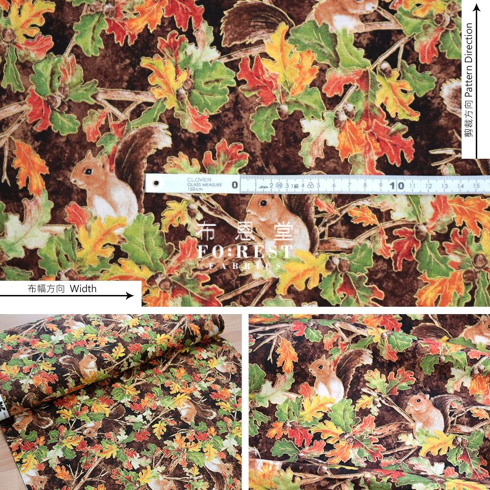 Cotton - Autumn Woodland Friends Metallic Fabric Red