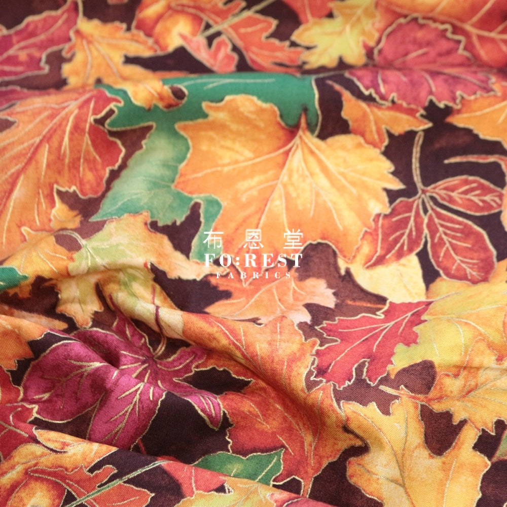 Cotton - Autumn Woodland Friends Metallic Fabric Red Maple