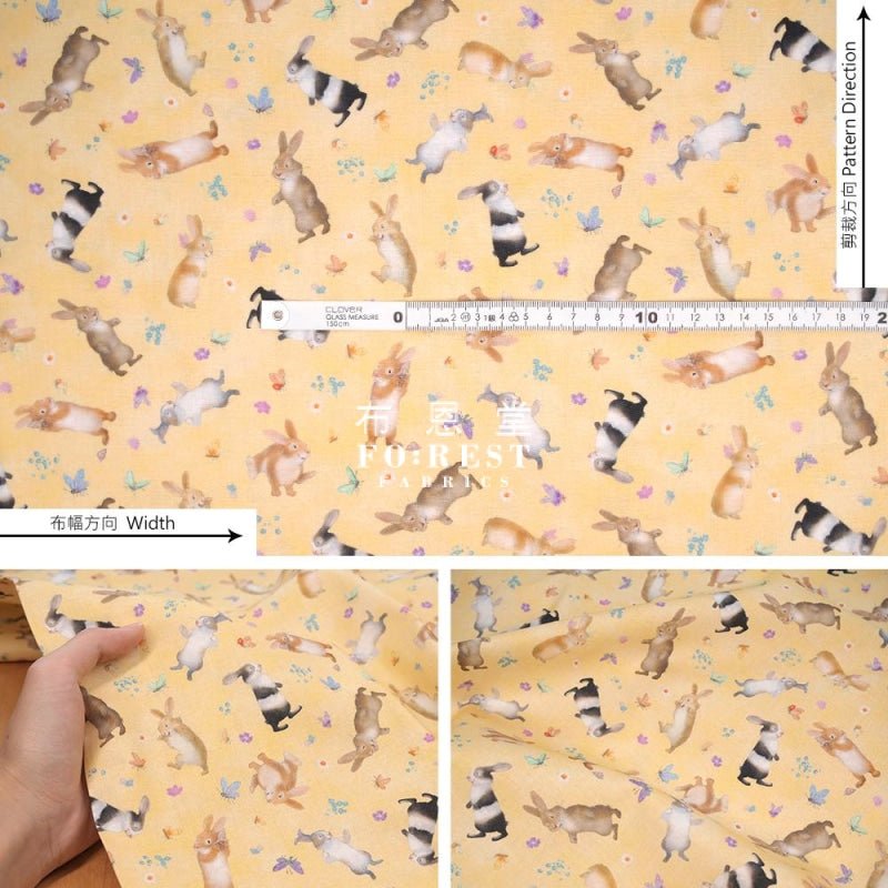 cotton - Big Hug Bunny rabbit fabric Light Yellow - FO:REST Fabric 布恩堂Liberty fabrictana lawnjapanese fabricykk zipper