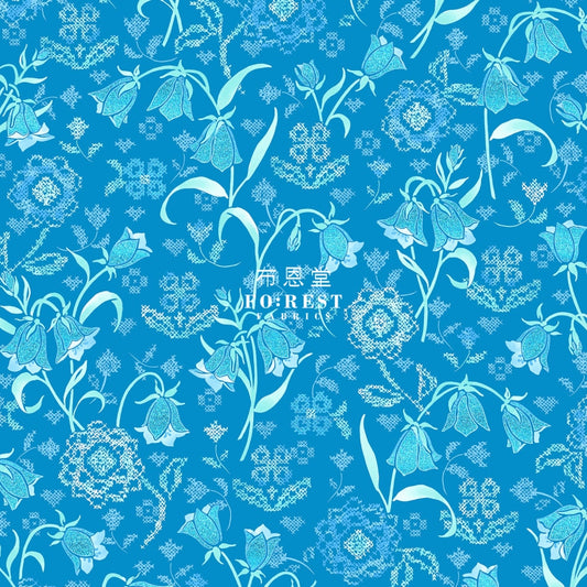 Cotton - Brilliant Blooms Flower Blue