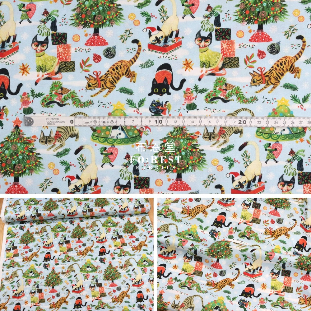 Cotton - Christmas Playing Cats Fabric Lt.blue