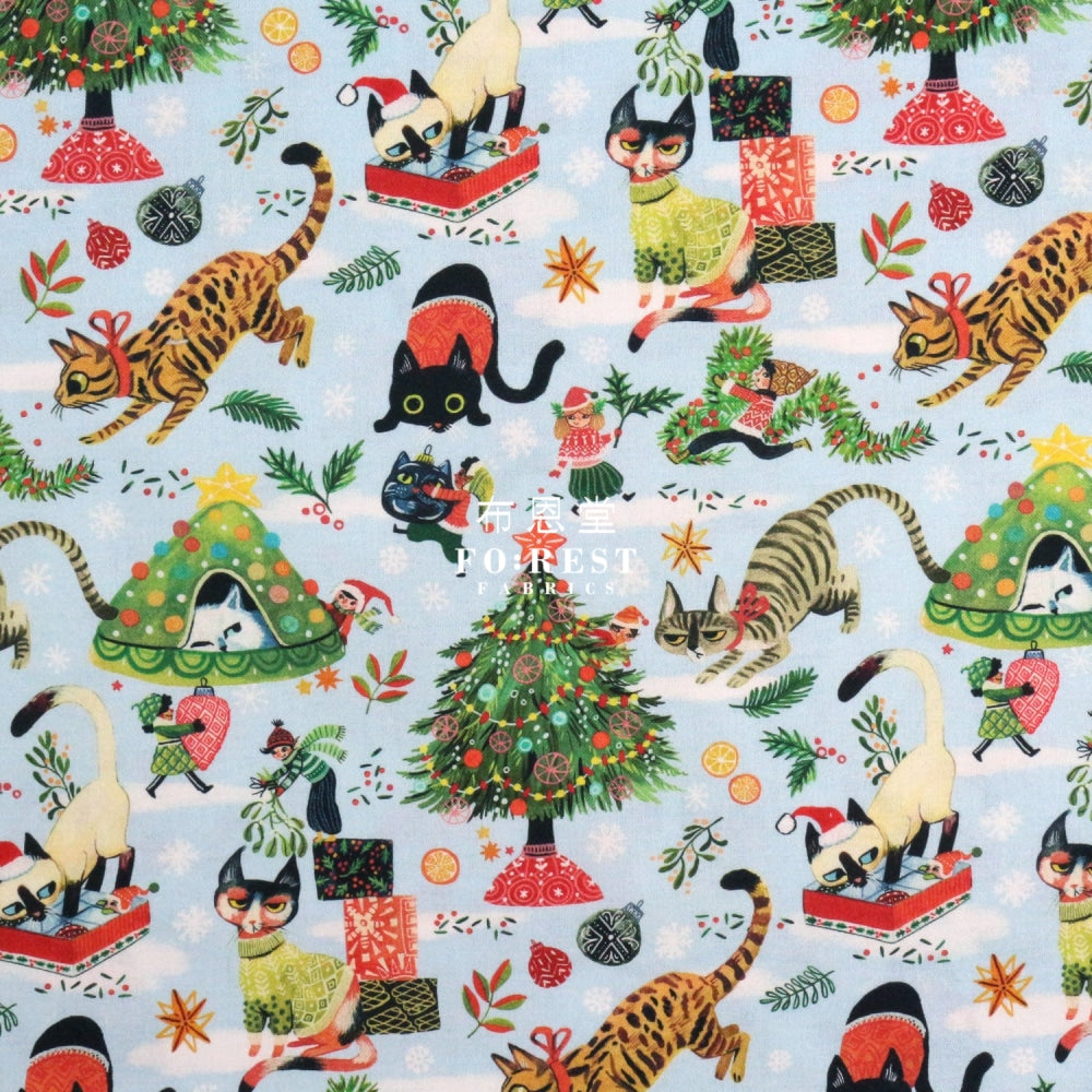 Cotton - Christmas Playing Cats Fabric Lt.blue