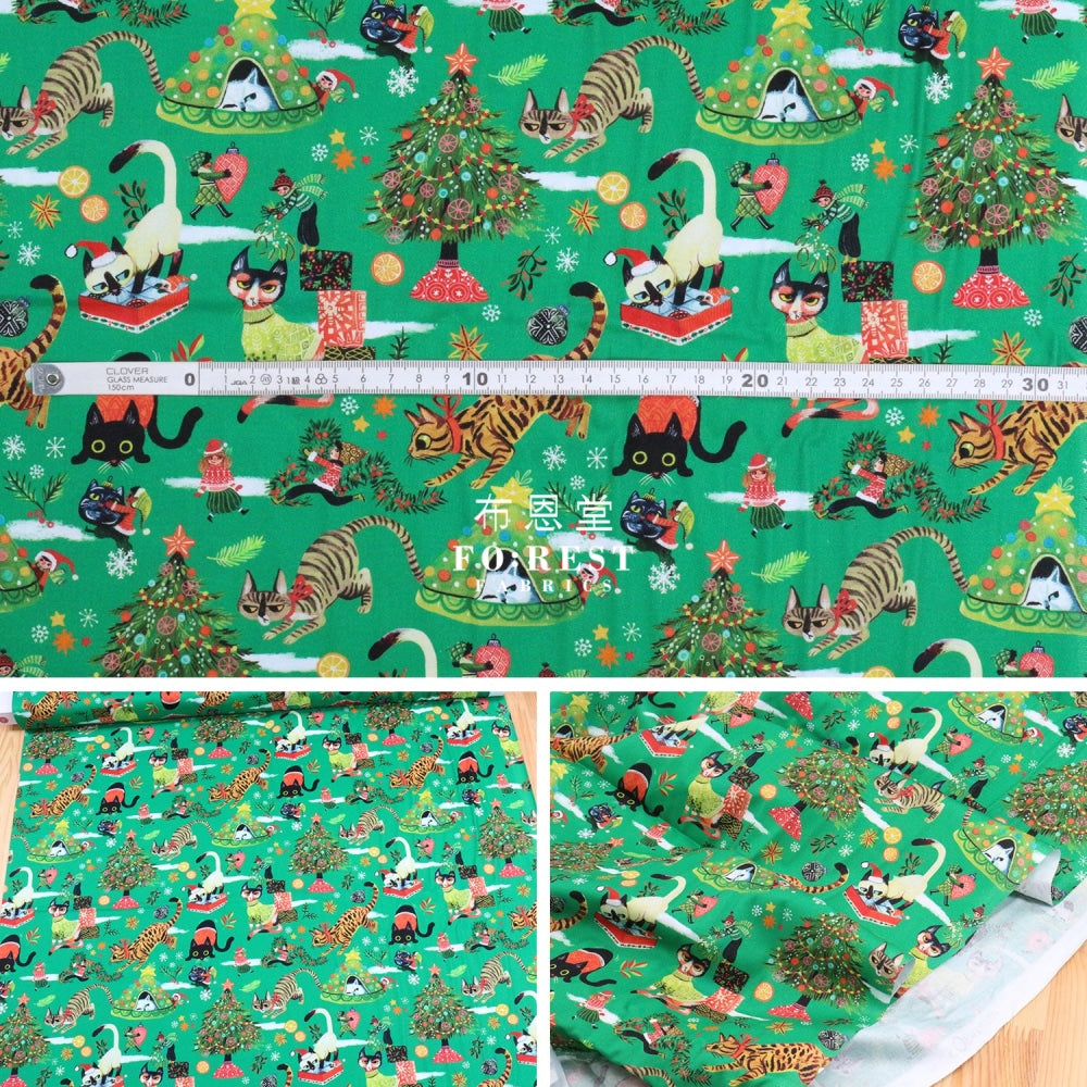 Cotton - Christmas Playing Cats Fabric Pine