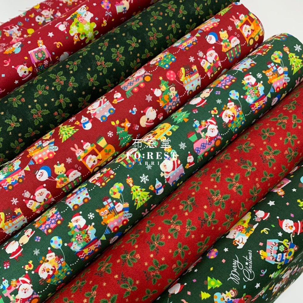 Cotton - Christmas Santa Train Fabric Red Cotton