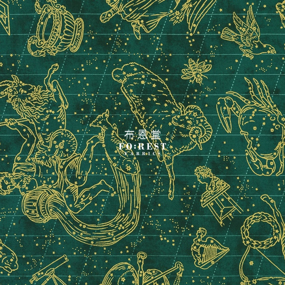 Cotton - Constellation In Emerald Metallic Fabric