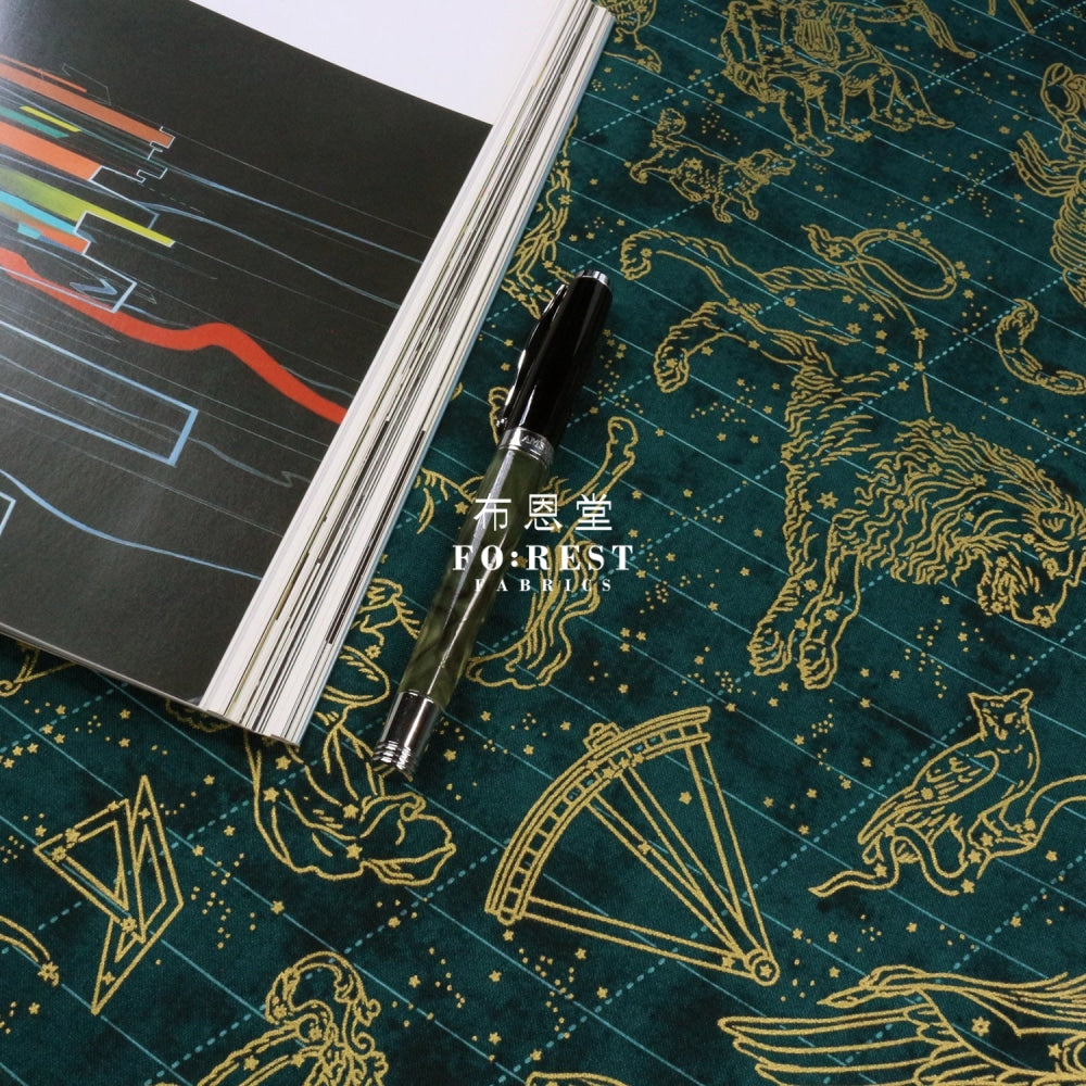Cotton - Constellation In Emerald Metallic Fabric