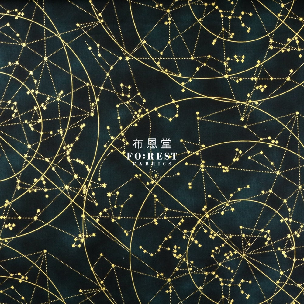 Cotton - Constellations In Dark Emerald Metallic Fabric