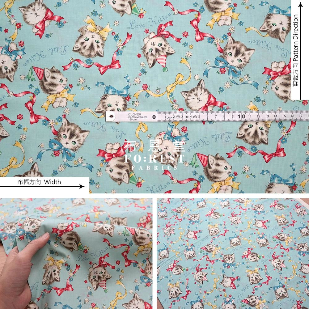 Cotton - Dear Little World Cats Bowknot Fabric Light Blue